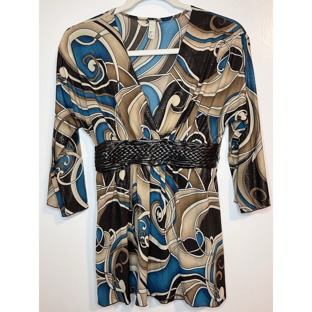 Vintage Y2K Glam Kiwi Top Size M Brown Teal 3/4 Sleeve Braided Belt Stretch
